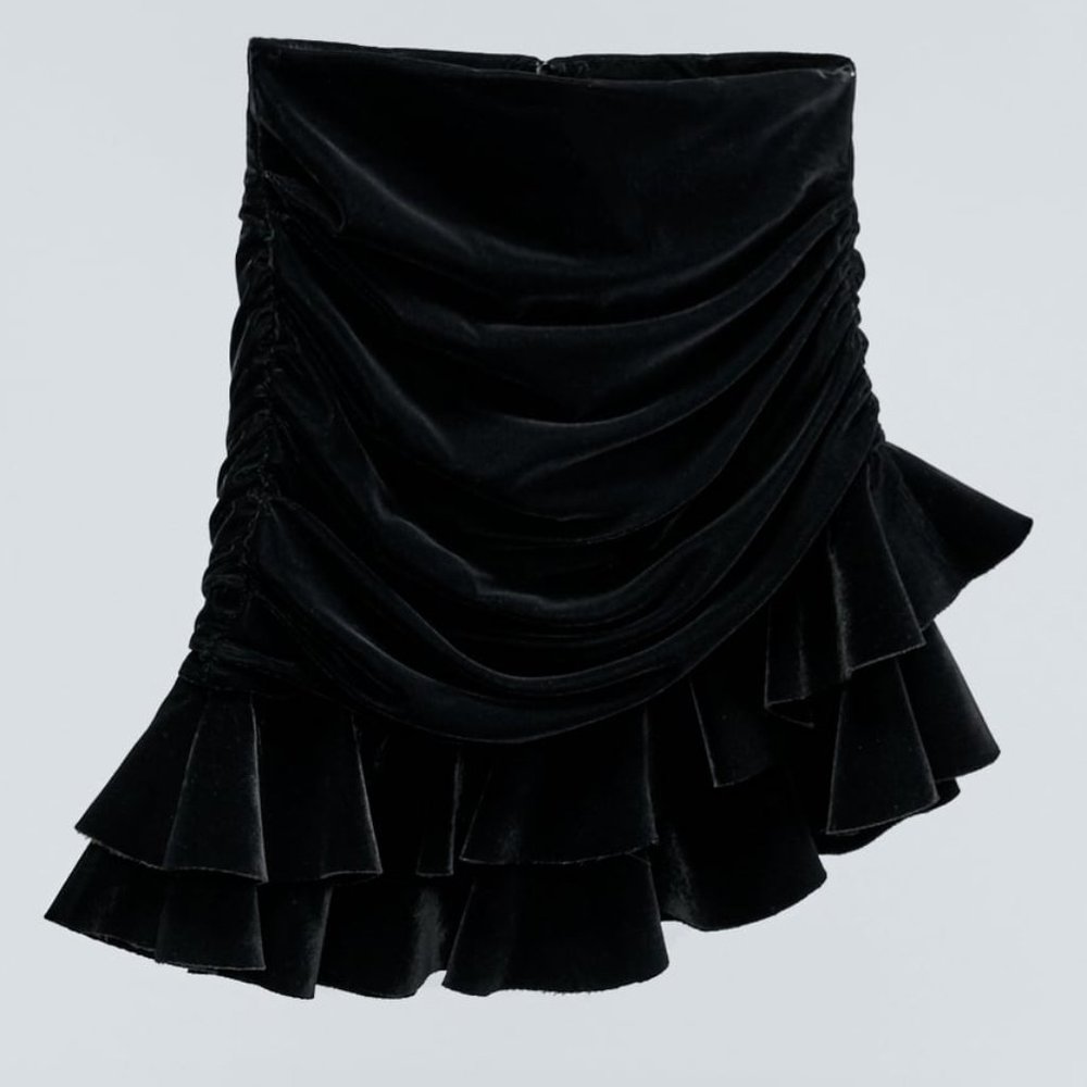 ZARA BLACK VELVET TIER RUFFLE MINI SKIRT